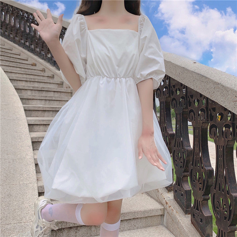 Black White Square Collar Puff Sleeve Lolita Dress