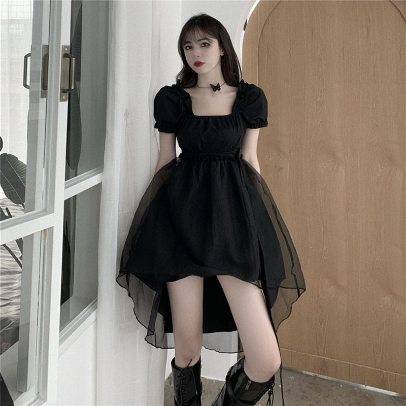 Black Puff Sleeve Irregular Hem Midi Lolita Dress