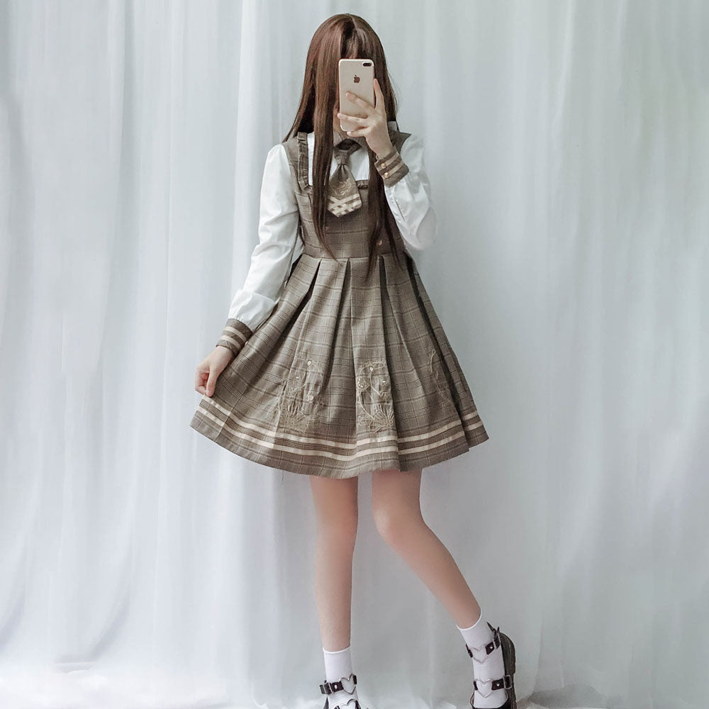School Lolita Tied Plaid Long Sleeve Dress