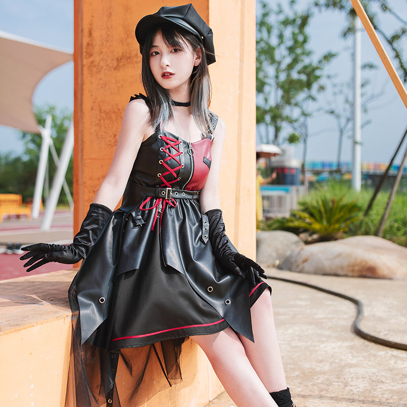 Red And Black Leather Design Punk Lolita Dress