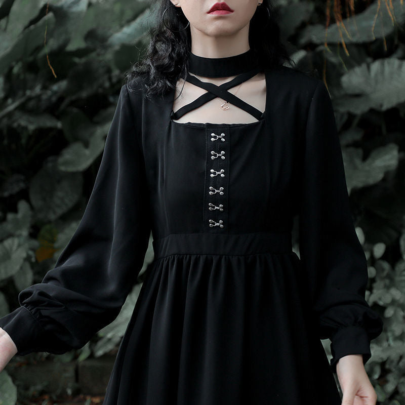 Gothic Punk Long Sleeve Crisscross in Front Black Dress