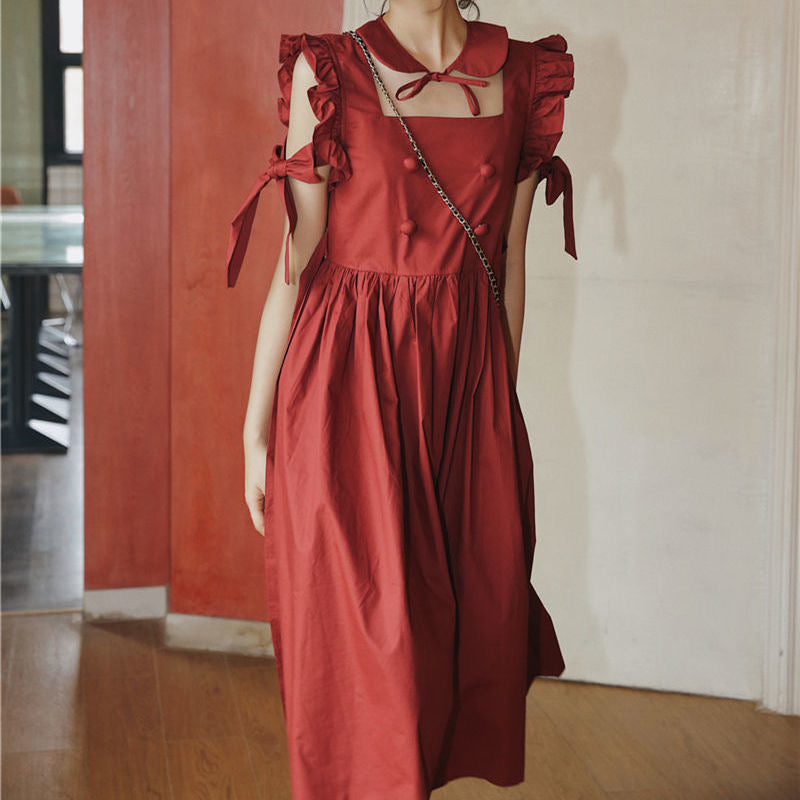Hollow Out Design Vintage Red Dress