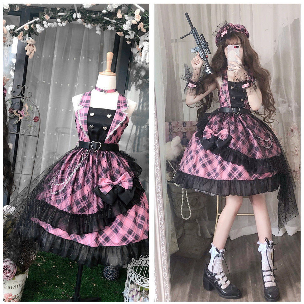 Punk Style Pink Black Plaid JSK Lolita Dress