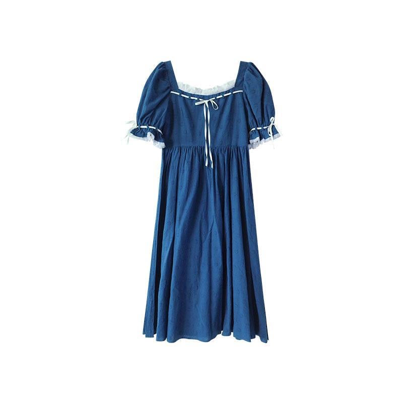 Vintage Ruched Short Sleeve Blue Lolita Dress