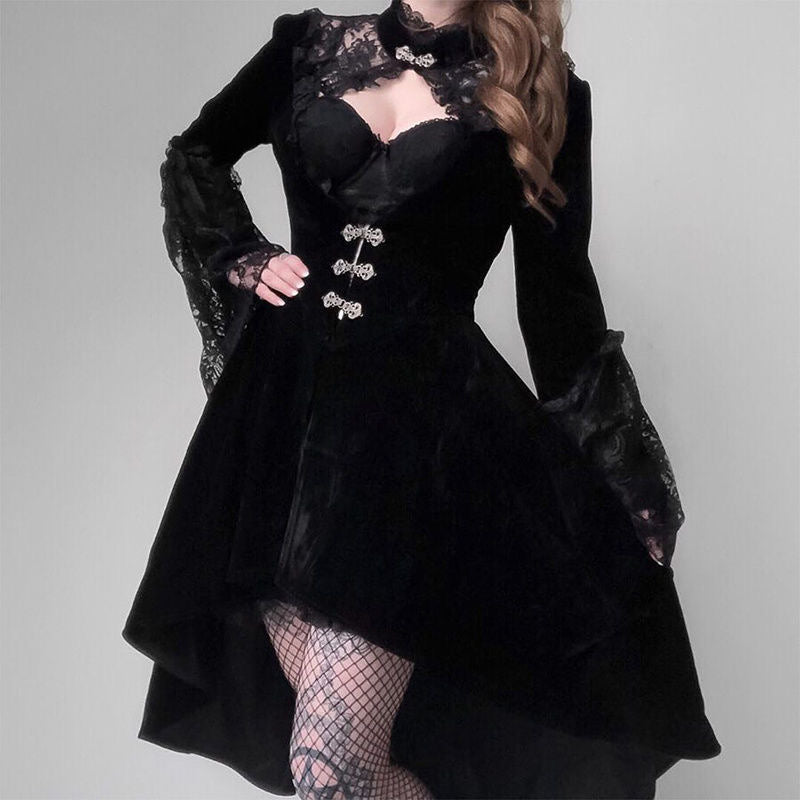 Vintage Black Velet Gothic Hollow Out Dress