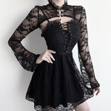 Gothic Black Trumpet Long Sleeve Hollow Out Lace Crop Top
