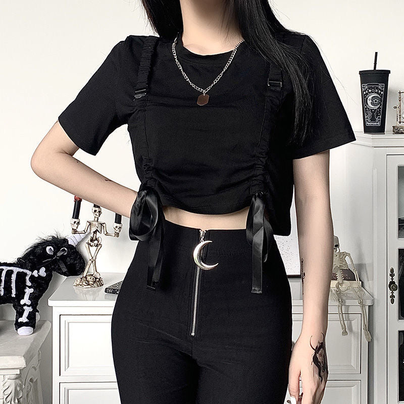 Punk Gothic Pleated drawstring tie tooling T-shirt