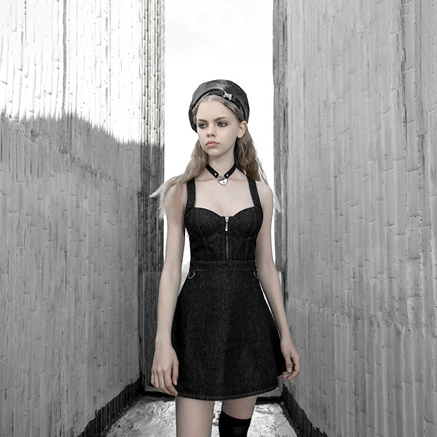 Wide Strap Zipper in Front A-Line Gothic Dress