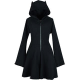 Devil Ears A-Line Zipper Hooded Black Dress