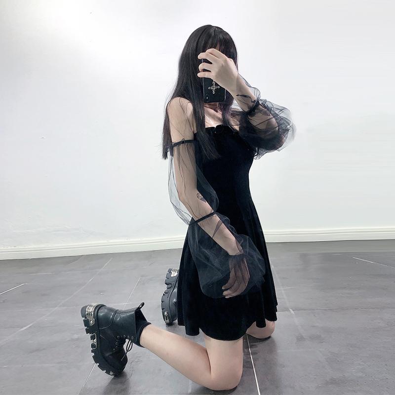 Goth Dark Mesh Vintage Pleated Dresses