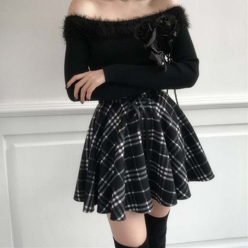 DARK GIRL Ribbon Hoodie & Plaid Skirt Set