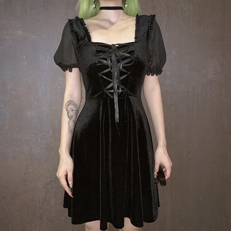 SISJULY Puff Sleeve Laceup Lolita Dress
