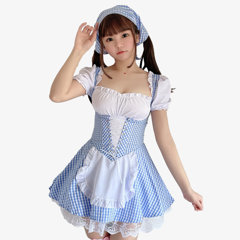Japanese Blue Grid Kitchen Maid Dress
