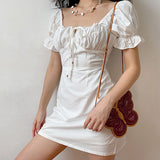 French Style White Puff Sleeve Dress