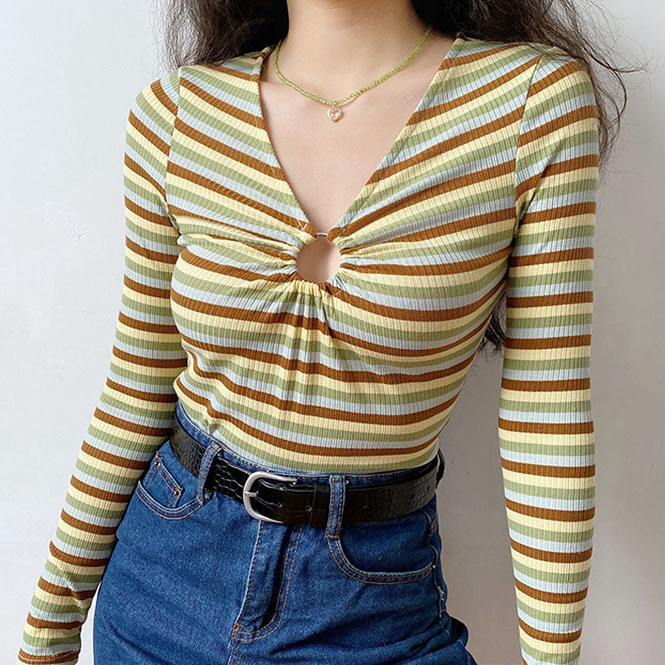 Ring Hollow Out Striped Shirt