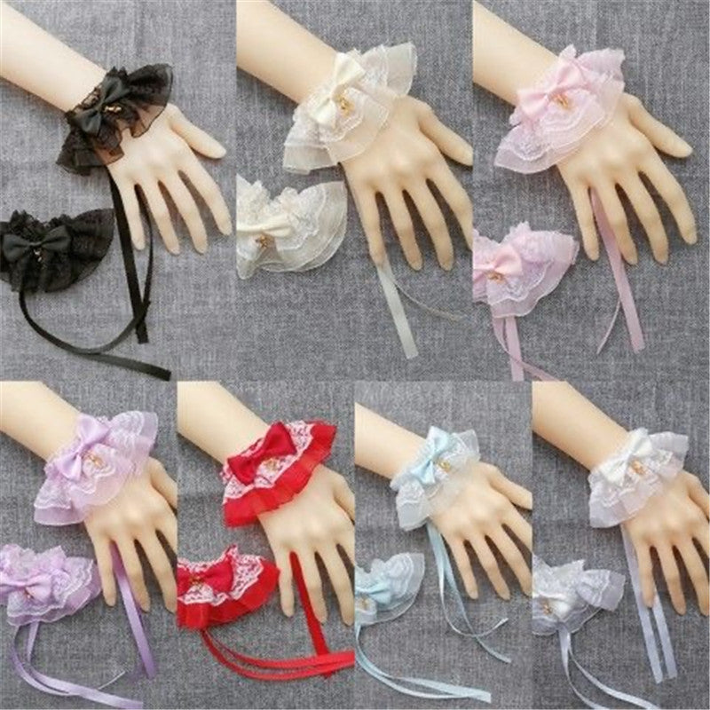 Beige Bead Chain Bowknot Rose Lace Lolita Hand Sleeves