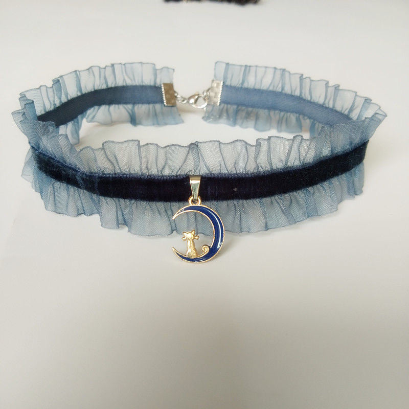 Moon And Cat Blue Lace Lolita Neckband