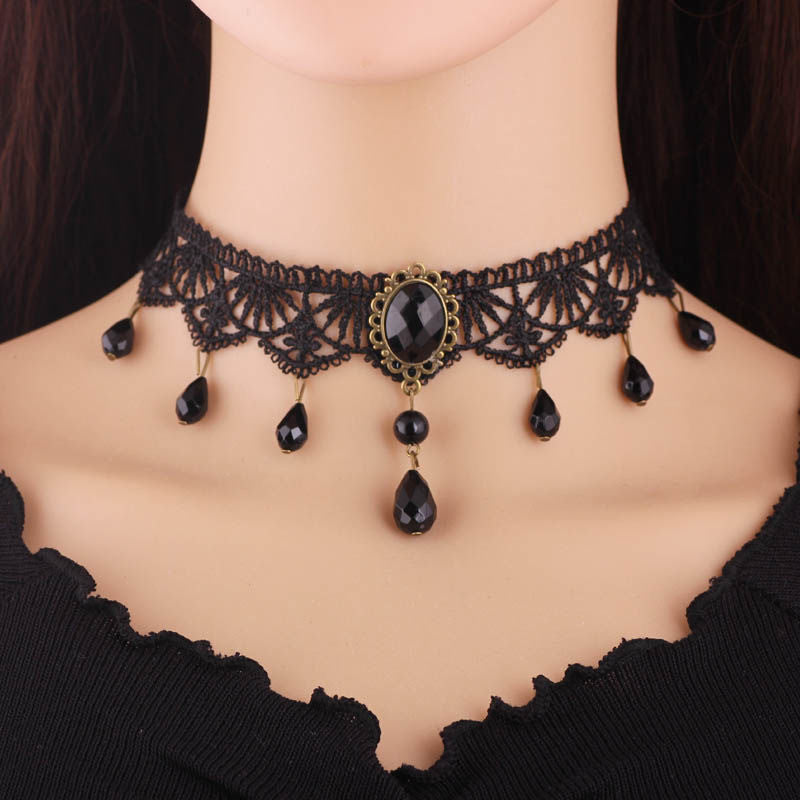 Concise Black Lace Beaded Cool Gothic Lolita Choker