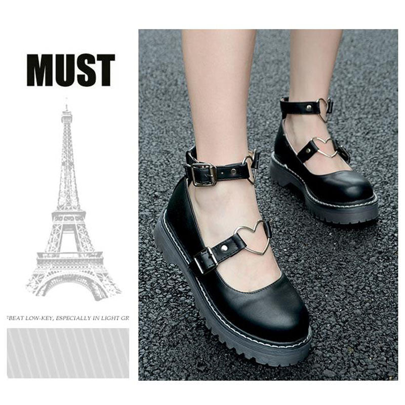 Black Heart-shaped Ankle-strap Mary Jane Shoes