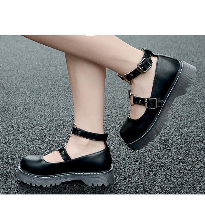 Black Heart-shaped Ankle-strap Mary Jane Shoes