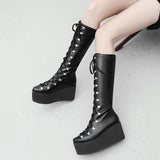 Gothic Rivet Wedges High Heels Lace Up Knee Boots