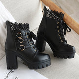 Black Lace Pure Color High-Heeled Ankle Boots