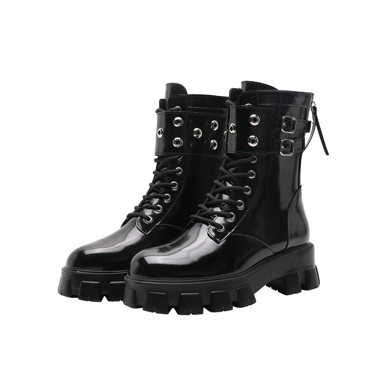 White Platform Patent Leather  Punk Motorcycle Boots