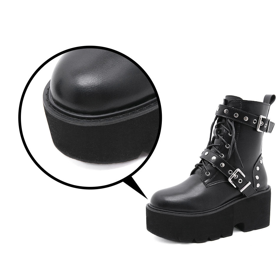 Black Rivet Strap Platform Ankle Boots