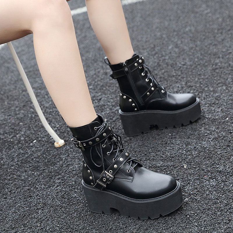 Black Rivet Strap Platform Ankle Boots